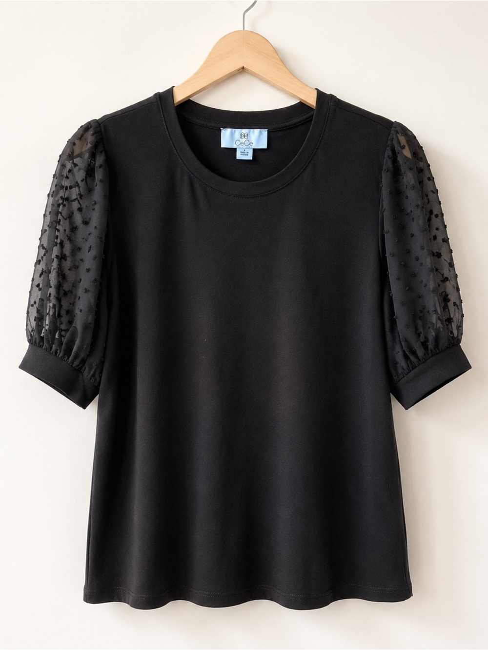 CeCe Black Puff-Sleeve Dot Mesh Tee NWOT